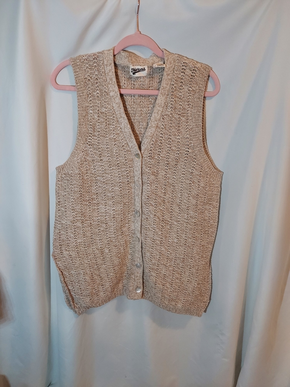 Vintage Merona Beige Cotton Linen Blend V-Neck Button Front Sweater Vest